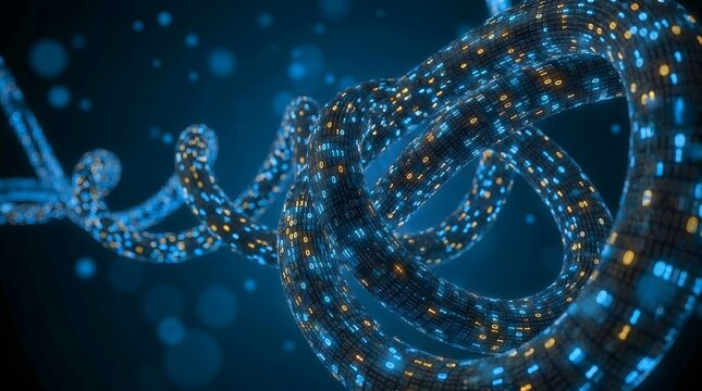 Abstract digital data stream with glowing binary code