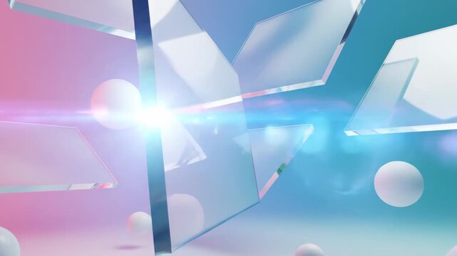 Abstract geometric forms with soft pastel gradient background, glowing light flare, and floating spheres, modern digital art, clean design, technological concept