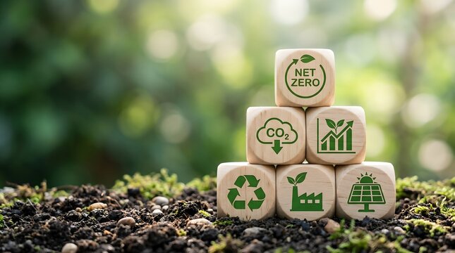 Net zero carbon emission blocks with eco friendly icons in nature