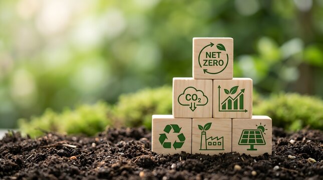 Wooden blocks with net zero and environmental icons stacked on soil