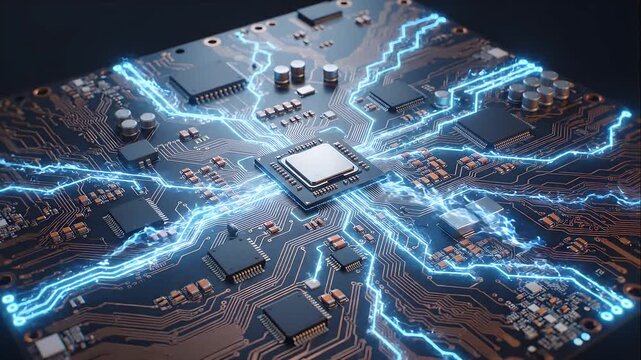 Circuit board microchip with glowing blue energy lightning representing artificial intelligence and high performance computing processing power