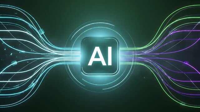 Abstract artificial intelligence processor with glowing neural network circuit lines