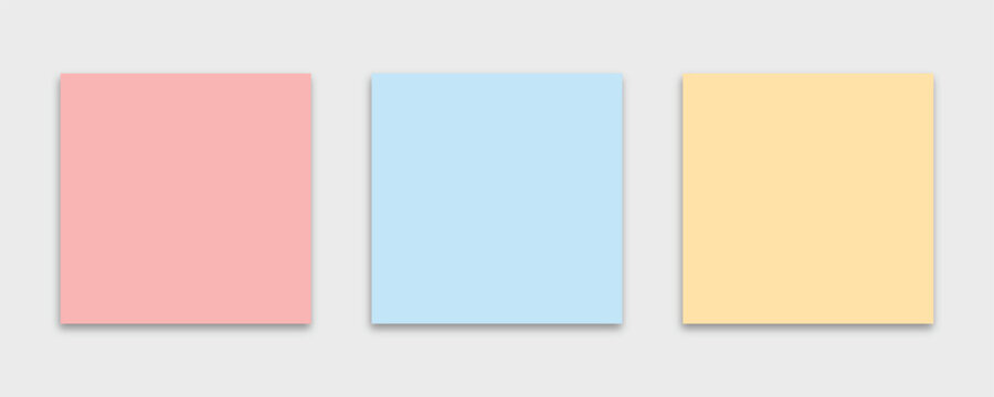 Blank pastel sticky notes set with square paper sheets and soft drop shadow