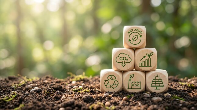 Wooden blocks with net zero and environmental icons stacked on soil
