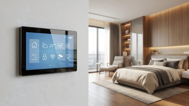 Smart home control panel in a modern bedroom