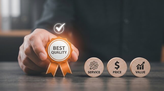 Person holding best quality award medal with service price value icons