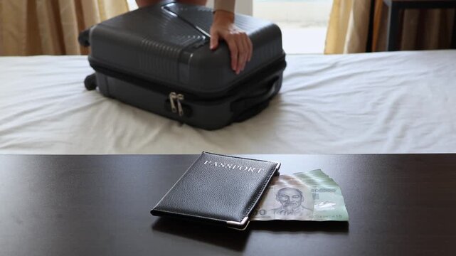 Close up of passport and Vietnamese dong cash on a table with a tourist woman zipping a black suitcase on a bed in a hotel room in the blurred background. Travel preparation and packing concept.
