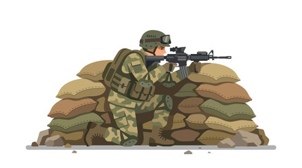 Soldier in camouflage gear aiming a rifle from behind a pile of sandbags in a defensive position. © Dhiyak Boneto