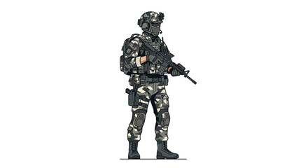 A soldier in camouflage gear stands alert with a rifle against a plain white background, conveying a sense of military readiness and focus. © Dhiyak Boneto