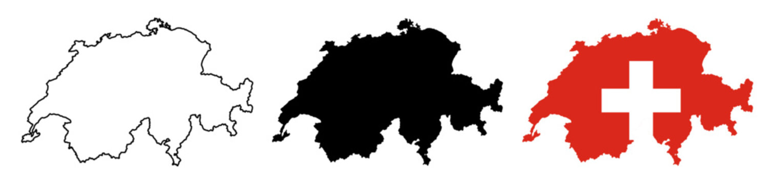 Switzerland Map: Detailed Country Outline, Solid Silhouette, and Swiss National Flag