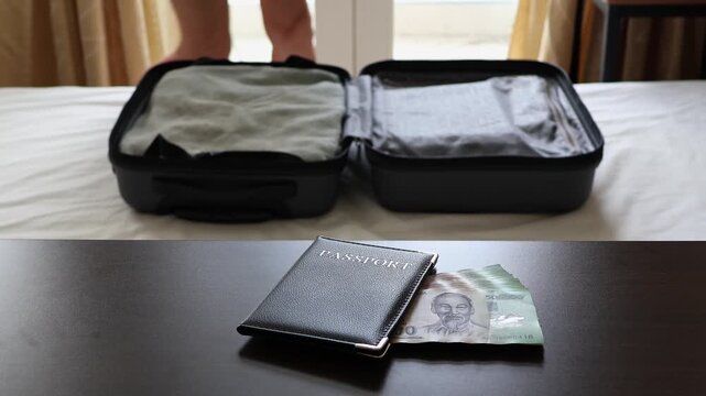 Close up of passport and Vietnamese dong cash on a table with a tourist woman organizing clothes in an open black suitcase on a bed in a hotel room in the blurred background. Travel packing concept.