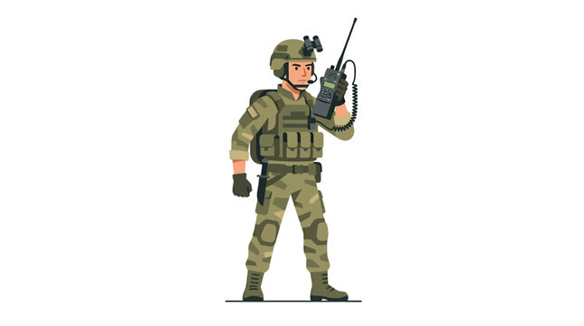 Illustration of a military soldier in green camouflage uniform holding a radio device with an antenna.