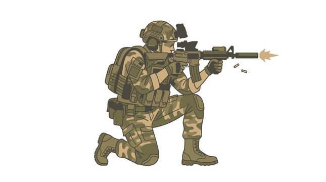 A soldier in camouflage gear kneels and aims a rifle with a flash of fire on a plain white background.