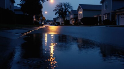 Fototapeta premium Streetlight reflects on wet suburban road after rain. Gloomy evening lights create rippling patterns on pavement. Dark blue sky and quiet houses set moody, atmospheric scene.