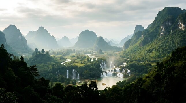 Misty karst mountains with cascading waterfalls and lush green foliage