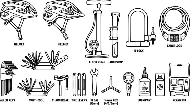 Black line bicycle accessories vector collection, helmets, pumps, locks and cycling maintenance equipment isolated on white background