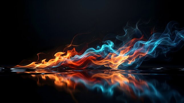 Abstract blue and orange flames dancing over water reflection