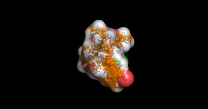 Beclomethasone Dipropionate, synthetic glucocorticoid corticosteroid for asthma and rhinitis, 3D molecule spinning, 4K