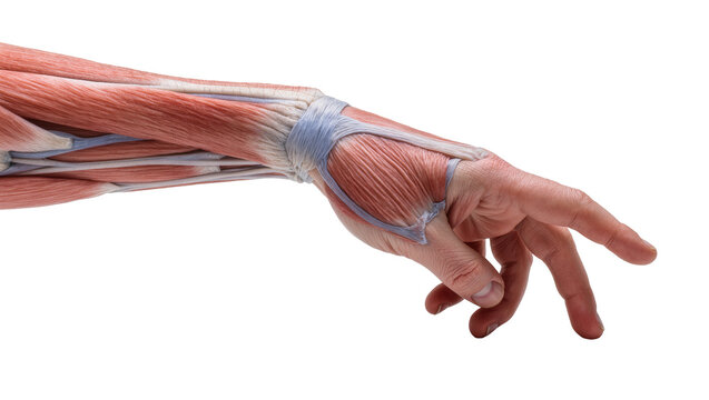 Isolated human arm and hand anatomy, detailed muscle, tendon structures in reaching pose