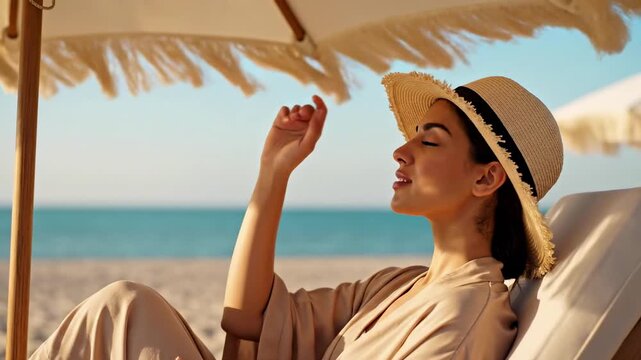 Young woman in straw hat reclining under fringed beach umbrella on beach day, closed eyes, beige resort wear, soft blue sea behind her, elegant sunshade relaxation and coastal summer calm, airy shade