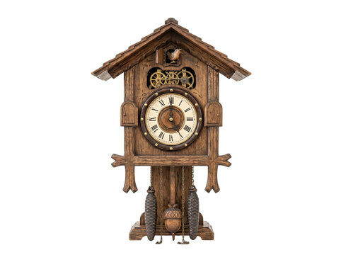 Wooden cuckoo clock with visible gears and Roman numeral dia
