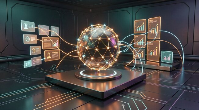 Glowing wireframe sphere represents global connectivity, linked to various holographic data dashboards and analytical charts in a high-tech environment.