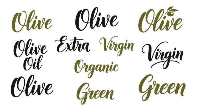 Collection of hand drawn olive oil themed calligraphy labels including terms like extra virgin organic and green.