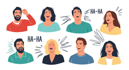 Fototapeta premium Group of diverse people laughing together with happy expressions and cartoon speech bubbles saying HA-HA on white background.