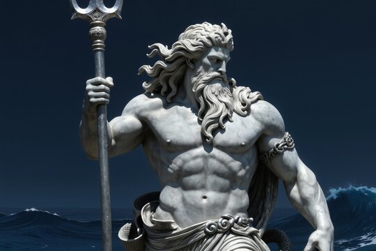 Marble statue of Poseidon holding trident on dark blue background. God of the sea with muscular body stands by choppy ocean waves. Ancient Greek deity powerful figure.