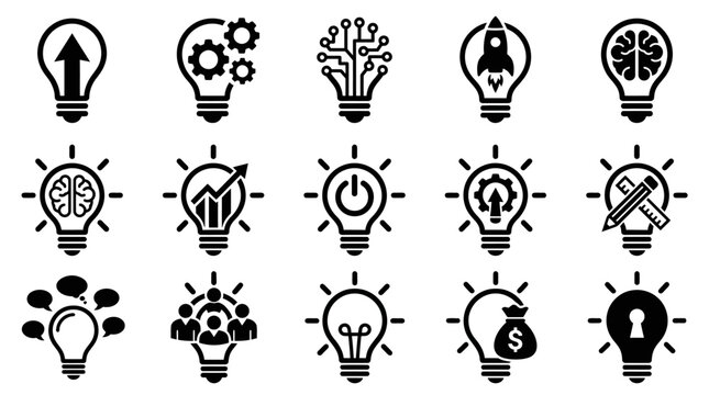 Set of Light Bulb Idea Icons for Business Innovation and Creative Technology Concepts