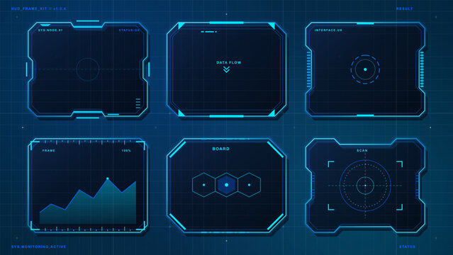 Futuristic blue HUD frame kit with six glowing interface panels, data chart, scan reticle, hexagon board and dark grid background layout