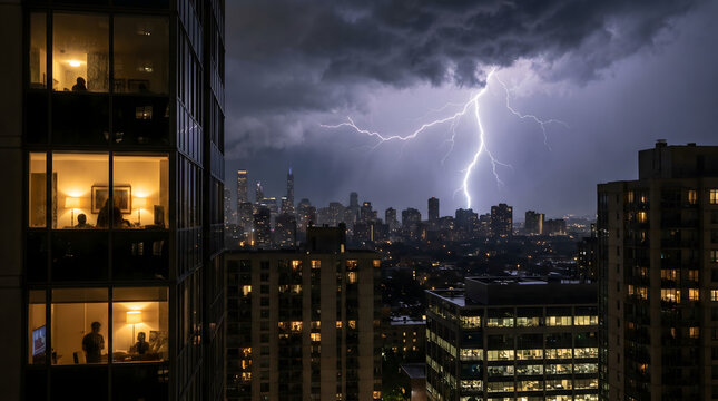 Lightning over New York City skyline at night with Manhattan skyscrapers and city lights