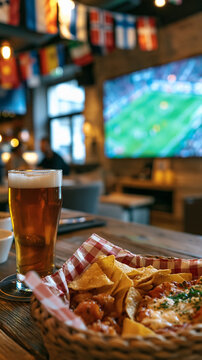 A frosty glass of lager beer on a wooden table in a lively sports bar, with delicious pub food like chicken wings and onion rings, against a blurred big screen showing a soccer match.	
