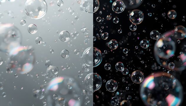 Transparent water bubbles float against a split contrast background of light gray and deep black for a versatile abstract design.