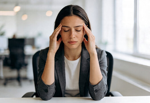 Stressed businesswoman rubbing temples eyes closed in modern bright office suffering from headache and work pressure