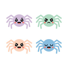 Fototapeta premium Halloween Spiders With Cute Expressions In Soft Colors, Kawaii Eight Leg Characters, Trendy Style, Icon Set, Flat Vector Icons, Clipart