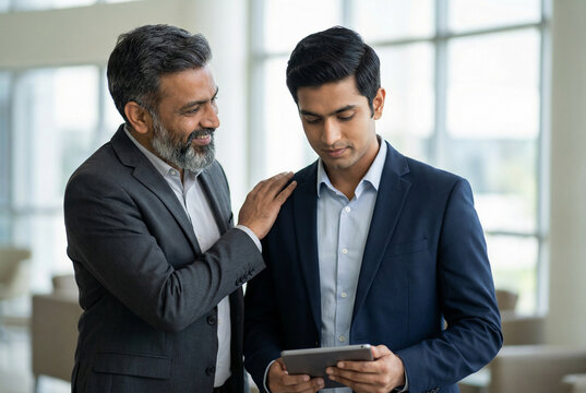 Senior Indian businessman mentoring junior male colleague using digital tablet in bright modern office interior