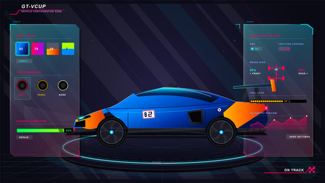 Futuristic racing car configuration dashboard with blue and orange vehicle, tuning panels, telemetry charts and neon controls on a dark grid