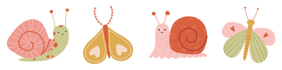 Snail and butterfly vector set in naive childish style. Isolated autumn forest insect characters, doodle moth elements for kids stationery, textiles and packaging. Minimalist modern design. © Olena Yevsikova