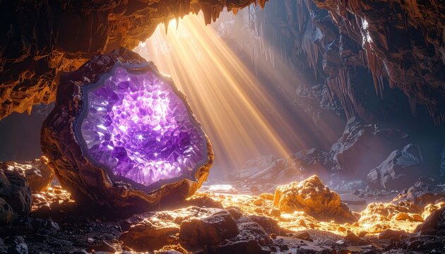 A Split Open Amethyst Geode Bathed in Golden Sunlight Rays Inside a Cave