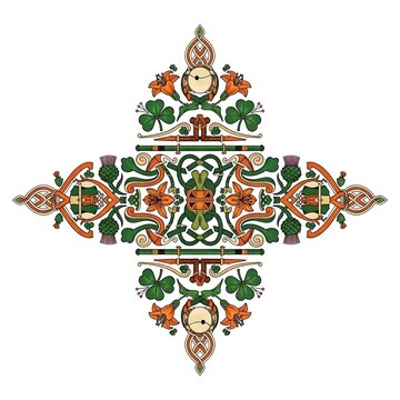 Ornate vintage botanical illustration with floral and bird motifs.