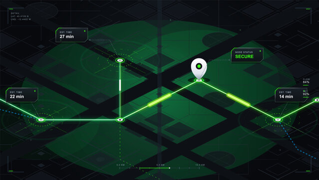 Futuristic dark isometric map interface with neon green route, location pin, network nodes, time panels, and secure status overlay on a city grid