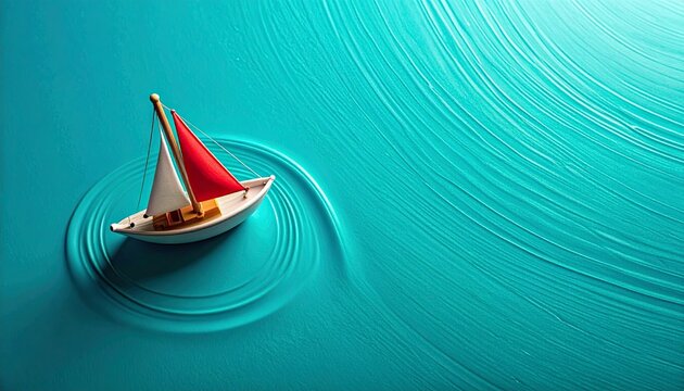 Red sailboat floating on serene turquoise ocean waves.