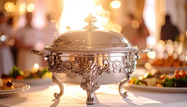 Ornate silver chafing dish with intricate carvings holding steaming food