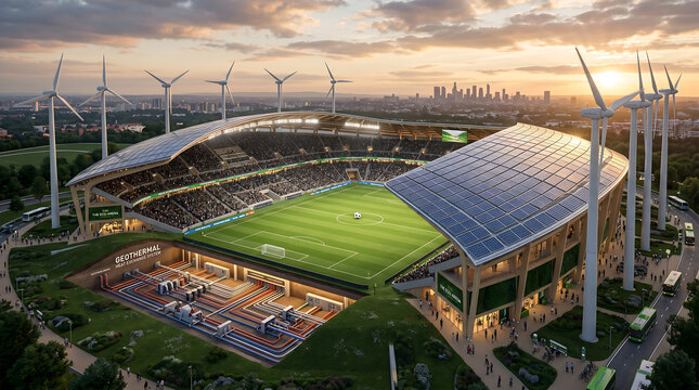 Photorealistic commercial architectural 3D rendering profiling an futuristic sustainable professional football stadium arena design