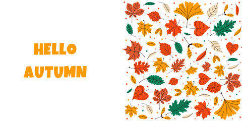 This "Hello, Autumn" postcard template features large text and a dense autumn leaf pattern on the sides. This vertical banner layout is perfect for greeting cards, invitations, corporate seasonal prom © Марина Мигаль