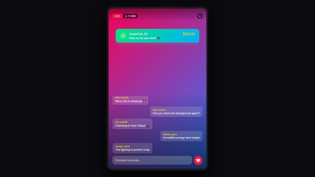 Smartphone live stream interface with chat comments and donation popups