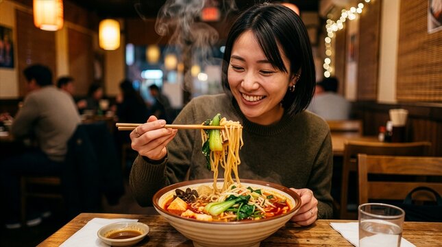 Hot pot, noodles, a beautiful Asian woman happily eating steaming spicy Mala Tang in a cozy restaurant
