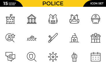 Police Line Icon Set for Law Enforcement, Public Safety, Crime Prevention, Security Services and Emergency Response Outline Vector Collection © Iconfly