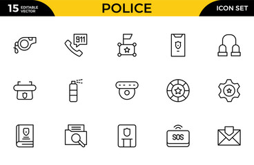 Police Line Icon Set for Law Enforcement, Public Safety, Crime Prevention, Security Services and Emergency Response Outline Vector Collection © Iconfly